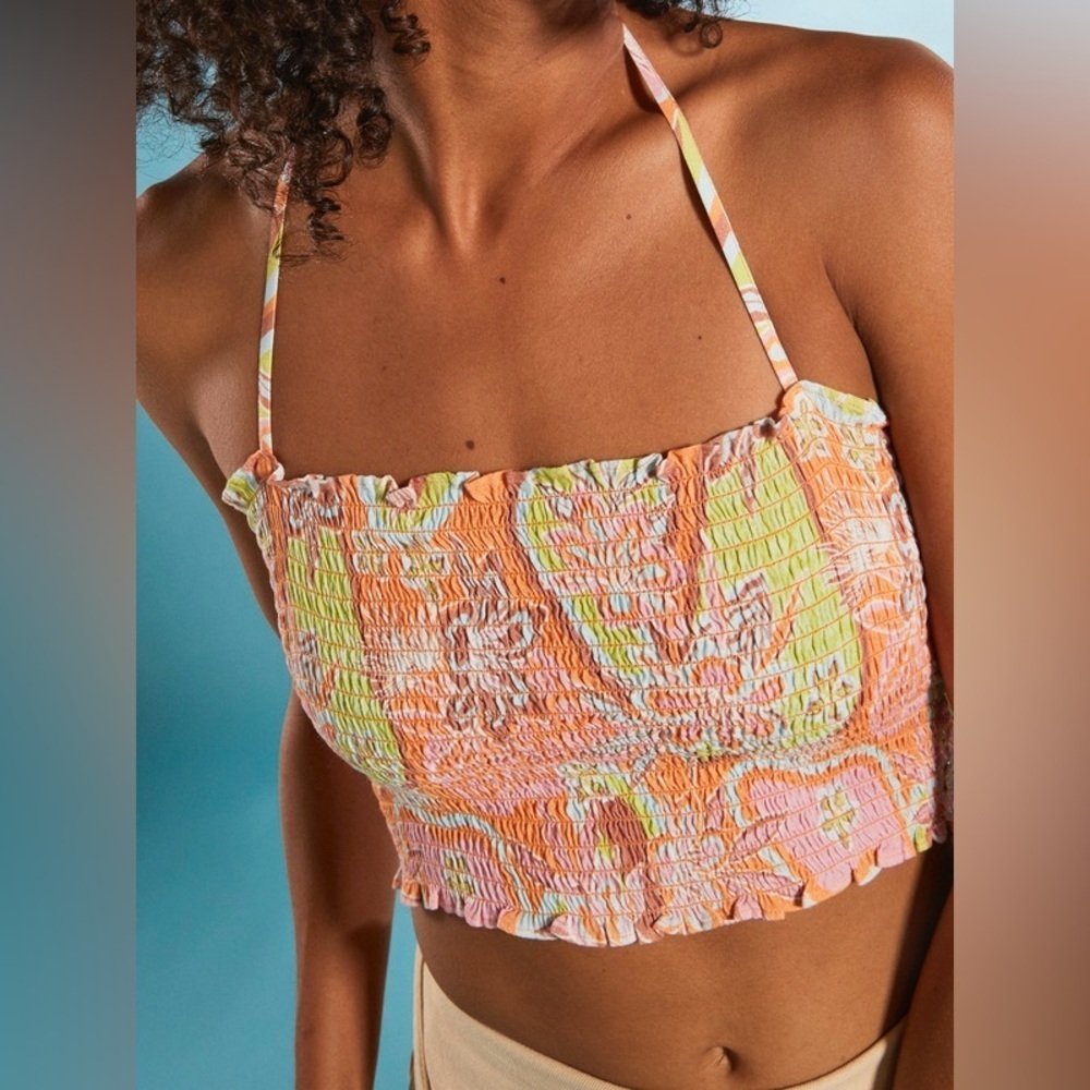 Roxy Warm Waters - Bandeau Smocked Floral Cropped Top size Medium